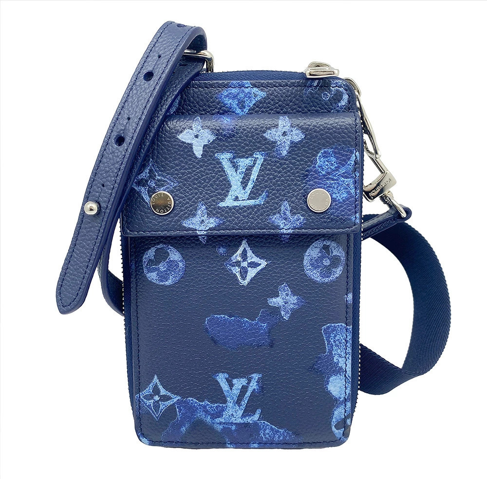 Louis Vuitton Phone Pouch LV Flower Monogram Leather Crossbody Bag Navy Blue